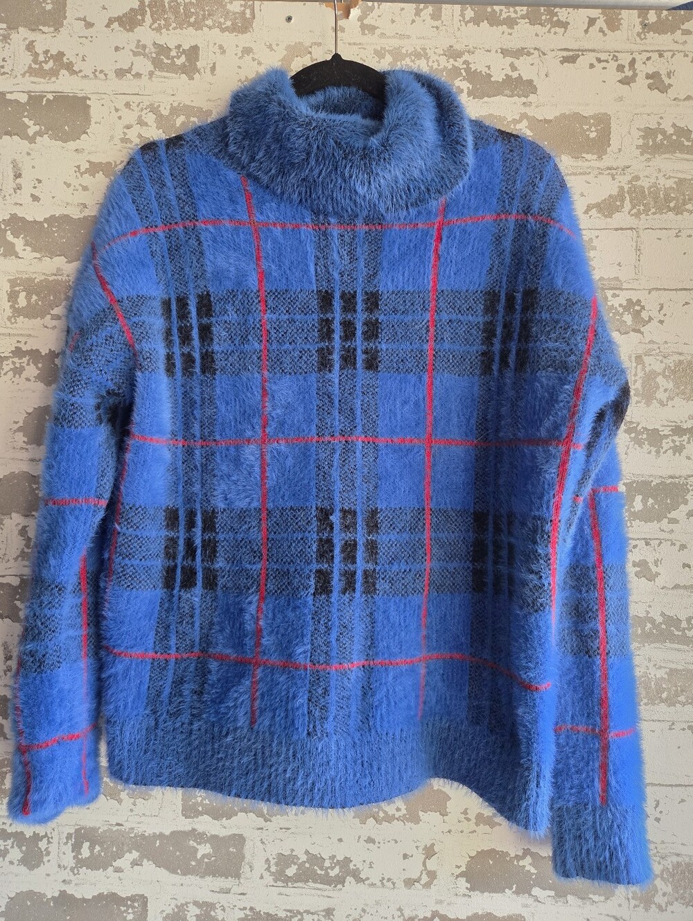 KUT from the kloth Fuzzy Plaid Mock Neck Sweater Blue Red S
